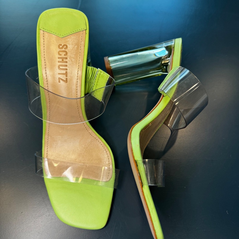 Schutz Ariella Women 8 B Lime Green Clear Vinyl Acrylic High Heel Sandal Slide - Picture 11 of 11